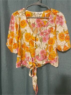 Rose & Olive Floral Tie-Front Puff Sleeve Blouse in Pink and Yellow